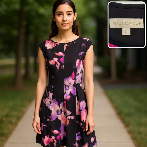 Maggy London Watercolor Floral Fit Flare Dress Romantic Coquette Old Money Sz 6 - Picture 2 of 11